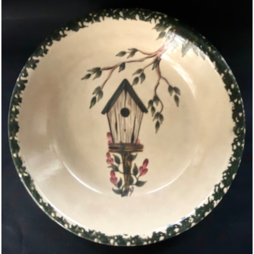 East Texas Pottery Birdhouse Hand Painted Stoneware Pie Plate Dish Vintage